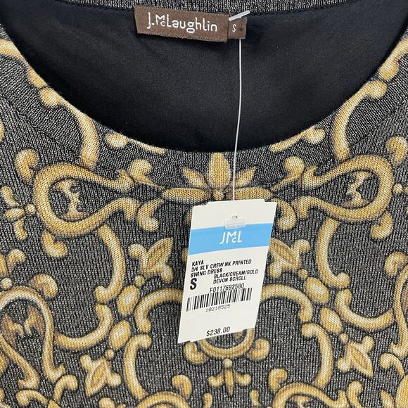 NWT J. McLaughlin Kaya Knit Swing Dress Black Gold Metallic Devon Scroll Small - Picture 4 of 5